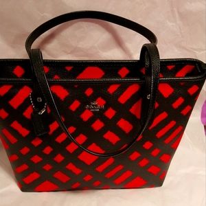 Coach Red Plaid Coated Canvas Leather Trim Mini Zip Tote